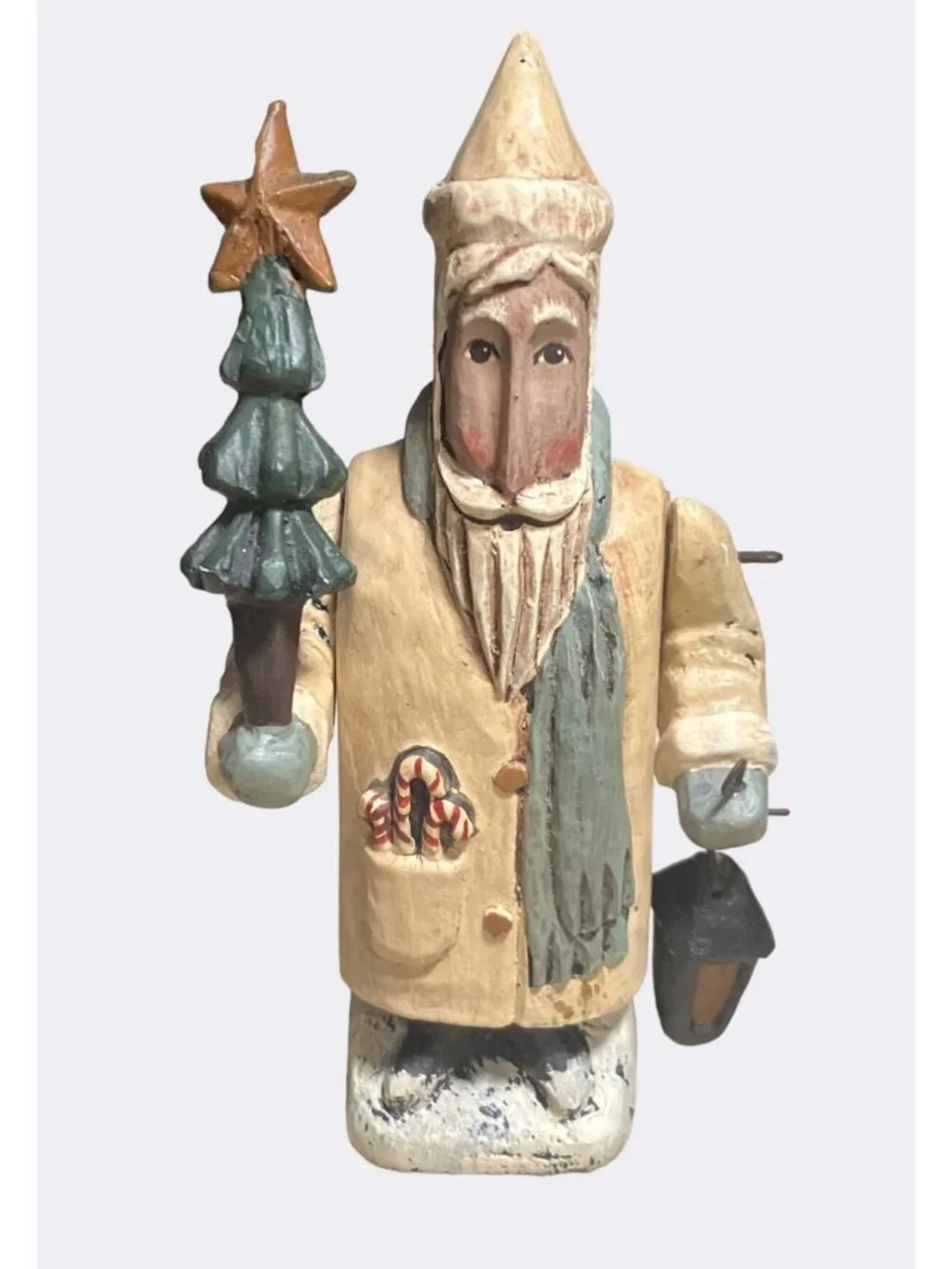 Handcrafted Greg Guedel Santa Figurine Holding Tree and Lantern